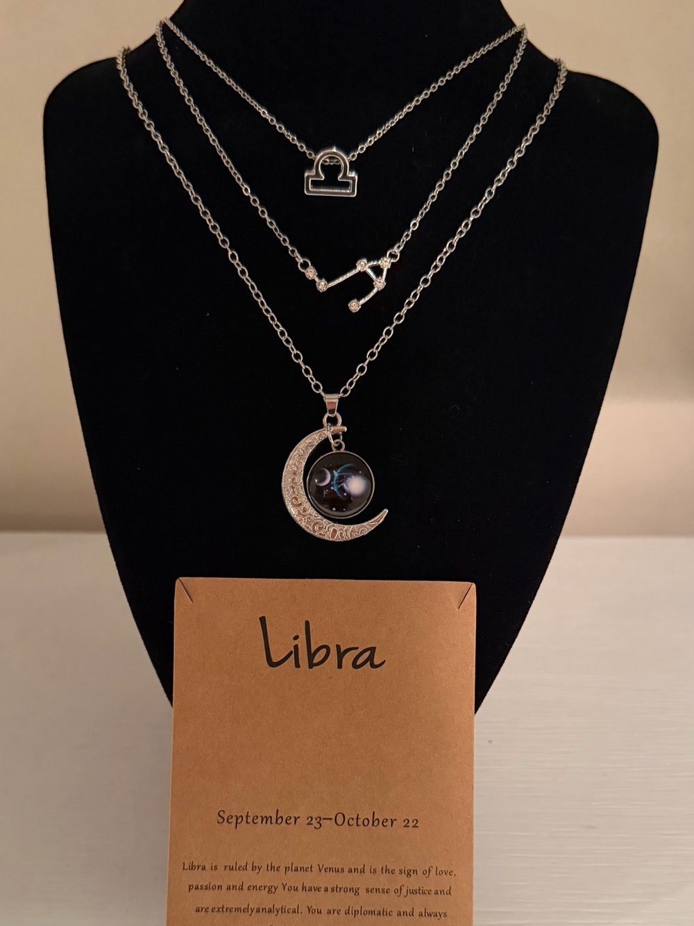 Libra Zodiac Layered Moon & Constellation Necklace Set - Silver